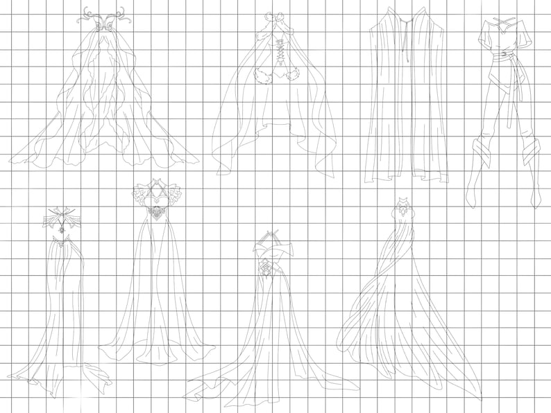 Op de afbeelding: Lijntekeningen van acht verschillende kledingontwerpen op een geruit achtergrond. De ontwerpen omvatten een verscheidenheid aan jurken, capes en tops.