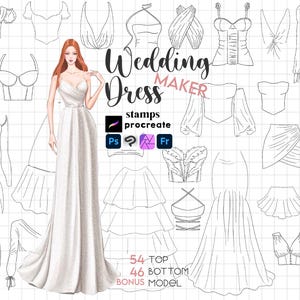 May include: Digital art illustration of a woman in a white wedding dress, surrounded by sketches of various bridal tops, bottoms, and dresses. Text reads "Wedding Dress Maker" and "stamps procreate". Includes icons for Photoshop, Procreate, and Affinity Designer.