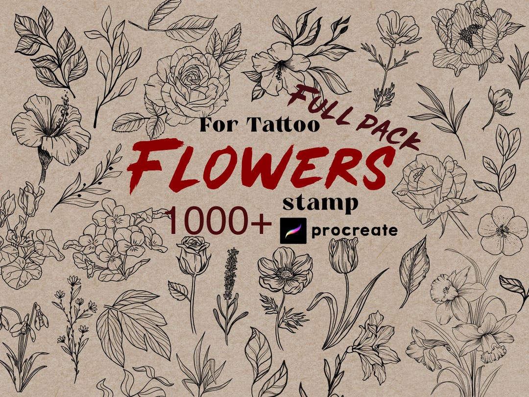 Procreate Flower Tattoo Stamps Bundle: Floral Botanical Tattoos Bouquet ...