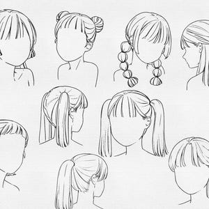 K&ouml;nnte beinhalten: Schwarz-Wei&szlig;-Illustrationen verschiedener Frisuren, darunter Z&ouml;pfe, Dutt und Z&ouml;pfe. Die Zeichnungen zeigen verschiedene Haarl&auml;ngen und -stile. Die Bilder zeigen gesichtslose Figuren.