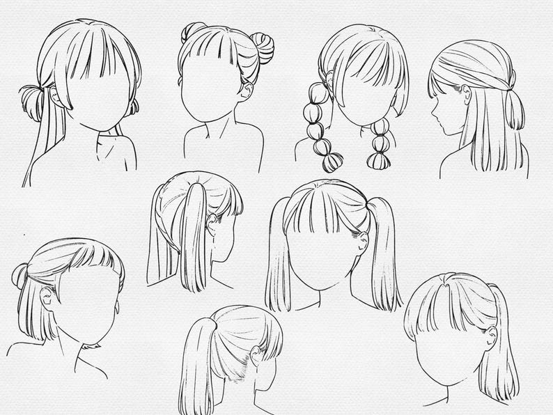 K&ouml;nnte beinhalten: Schwarz-Wei&szlig;-Illustrationen verschiedener Frisuren, darunter Z&ouml;pfe, Dutt und Z&ouml;pfe. Die Zeichnungen zeigen verschiedene Haarl&auml;ngen und -stile. Die Bilder zeigen gesichtslose Figuren.