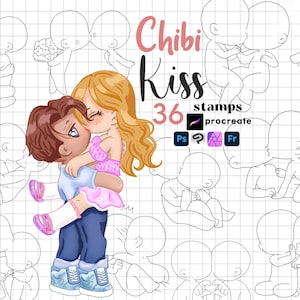 May include: Digital stamps featuring chibi couples in various poses, including kissing and embracing. The image includes the text "Chibi Kiss 36 stamps procreate" with icons for Photoshop, Procreate, and Affinity Designer.