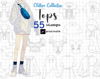 Procreate Clothing Stamps : 55 Anime Shirt Hoodie Uniform Outfit Manga Fashion Brushes
