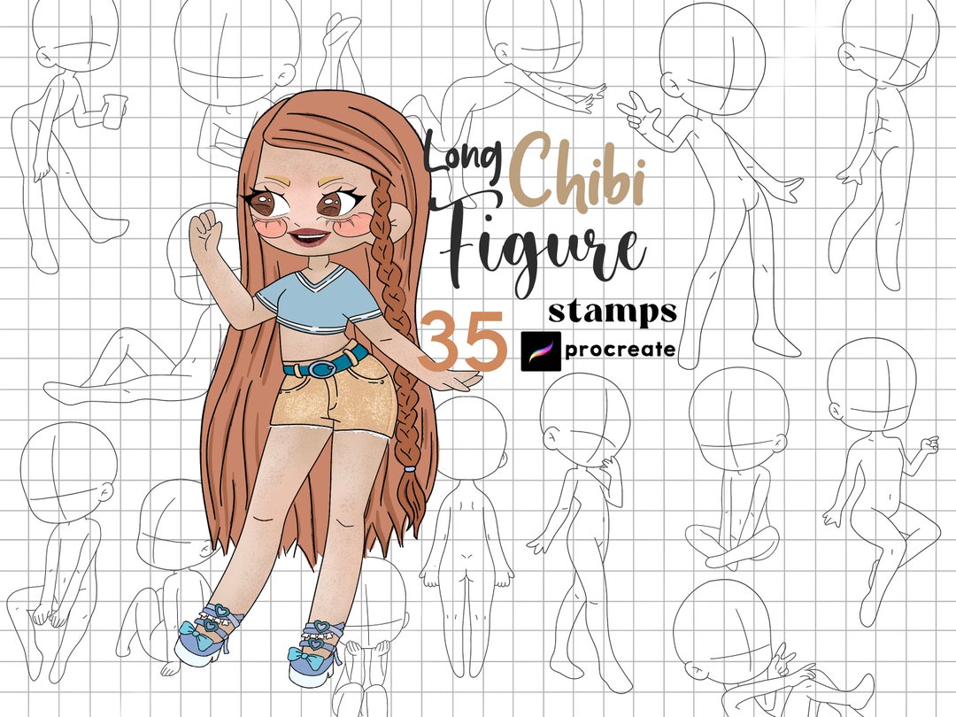Procreate Chibi Pose Stamps : 35 Tall Chibi Body Base Kawaii Character ...