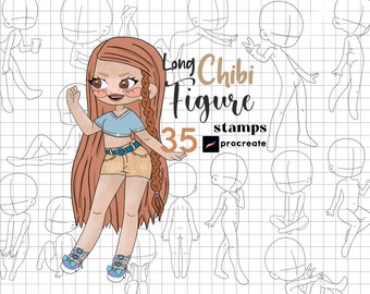 Procreate Chibi Pose Stamps : 35 Tall Chibi Body Base Kawaii Character Brushes