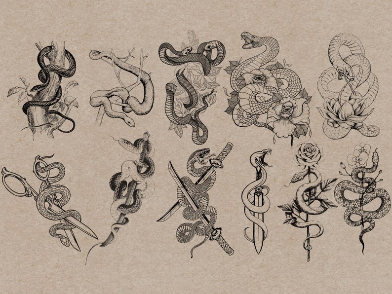 May include: A collection of detailed black and white illustrations of snakes in various poses. Some snakes are coiled around objects like flowers, swords, and scissors. The artwork has a vintage, tattoo-inspired aesthetic.