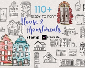 Procreate House Stamps : Coloring Page Apartment for Children Cartoon Architecture Sketch Building Brushes