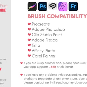 Pu&ograve; includere: Grafica bianca con testo rosa "Art Print BABE" e "BRUSH COMPATIBILITY". La grafica elenca software compatibili tra cui Procreate, Adobe Photoshop e Clip Studio Paint. Sono incluse anche le istruzioni per l'uso.