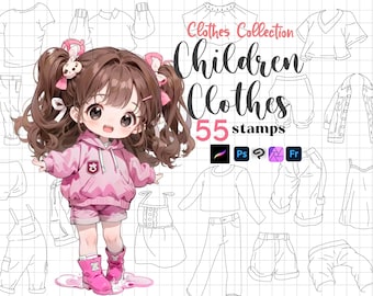 Procreate Kinderkleidung Stempel: 55 Mode-Pinsel für Kinderoutfits (Photoshop, Clip Studio, Affinity)