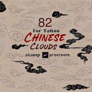 May include: A set of 82 black and white Chinese cloud illustrations for tattoo designs. The illustrations are in a simple, stylized style and are perfect for use in Procreate or as stamps.