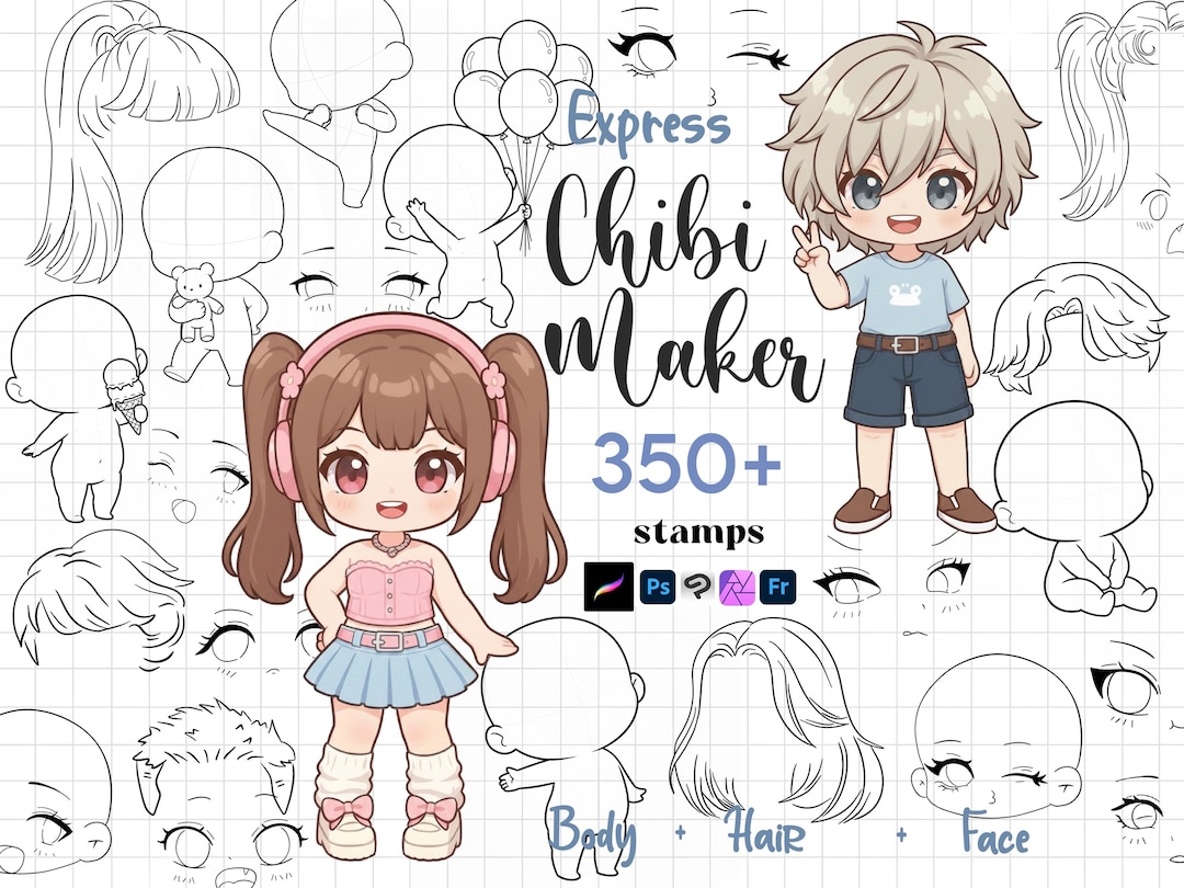 Procreate Chibi Maker Stamps : Chibi Base Character Creator Hair Face ...