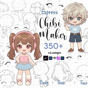 Puede incluir: Una ilustración que presenta un creador de chibi con varios sellos para crear personajes de estilo anime. La imagen incluye un personaje chibi de niña y niño, junto con opciones de cuerpo, cabello y rostro. El texto dice "Express Chibi Maker 350+ stamps."
