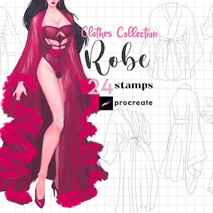 May include: Digital illustration of a lingerie and robe collection. The image features a woman in a red robe and lingerie, with several line drawings of robes. Text includes "Clothes Collection", "Robe", "24 stamps", and "procreate".