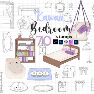May include: A digital collection of 70 Kawaii Bedroom stamps featuring line art illustrations of furniture and decor including a bed, bookshelf, hanging chair, vanity, and cat-themed items on a grid background with software icons.