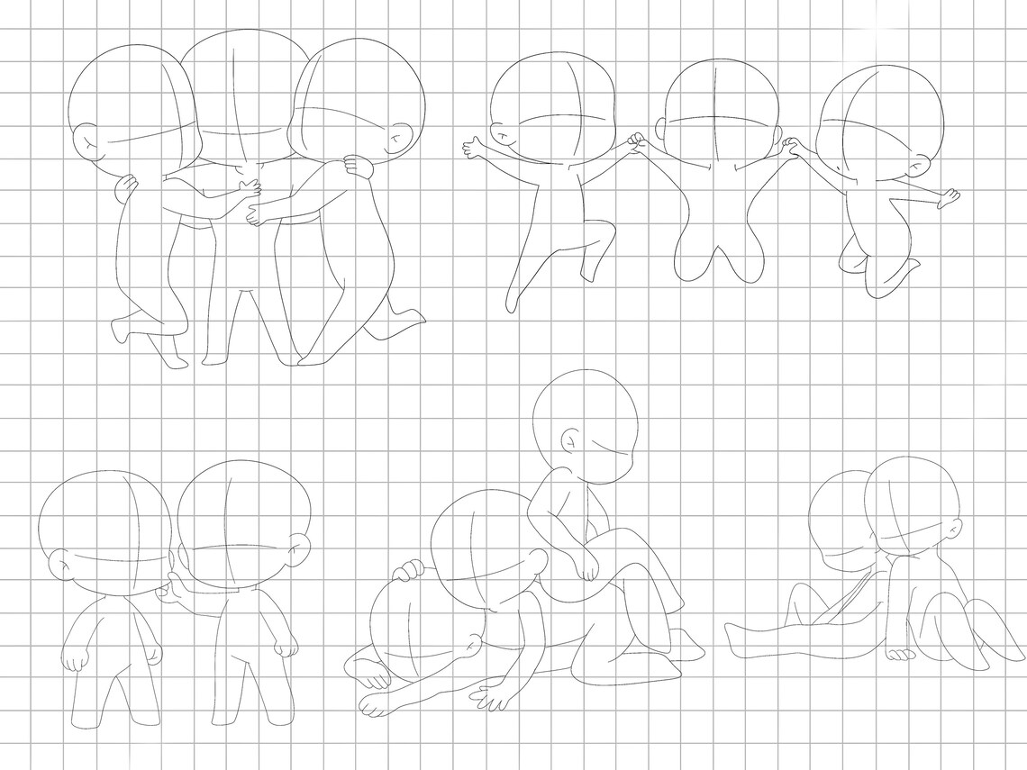 Procreate Chibi Stamps : Group Pose Base Chibi Friends Body Guides ...