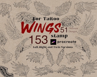 May include: A collection of 153 different wing designs for tattoo artists. The wings are drawn in black ink on a brown background. The text "For Tattoo Wings 51 Different Designs. 153 stamp procreate Left, Right and Twin Versions" is written in red and black ink.