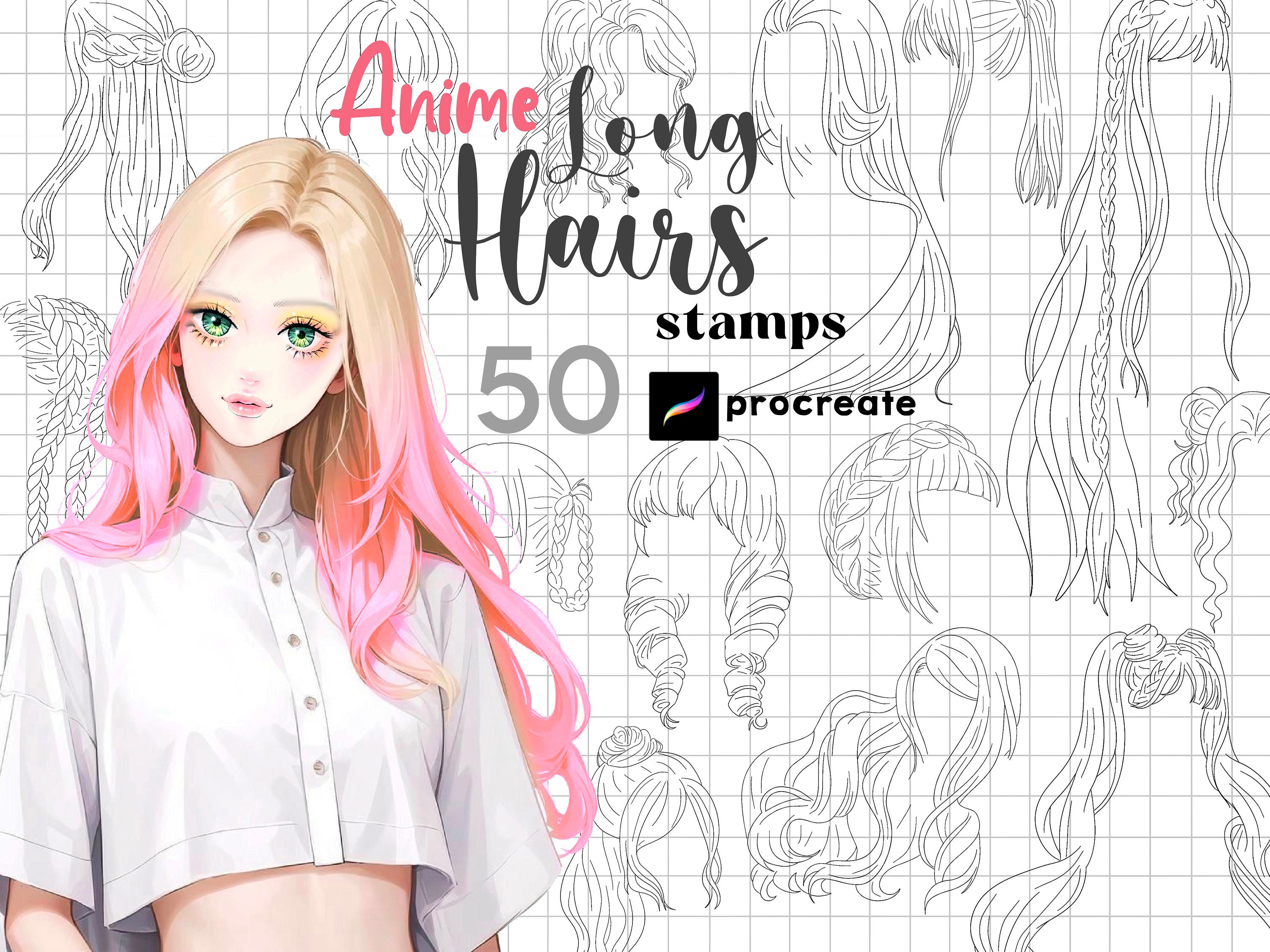 56 Procreate Manga Hairstyles Stamps. Anime Girl Hairstyle 