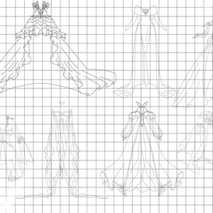 Op de afbeelding: Lijntekening van zeven verschillende jurkdesigns op een geruit achtergrond. Elke jurk heeft een uniek silhouet en beschikt over ruches, strikken en andere decoratieve elementen.
