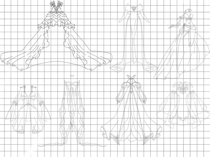 Op de afbeelding: Lijntekening van zeven verschillende jurkdesigns op een geruit achtergrond. Elke jurk heeft een uniek silhouet en beschikt over ruches, strikken en andere decoratieve elementen.