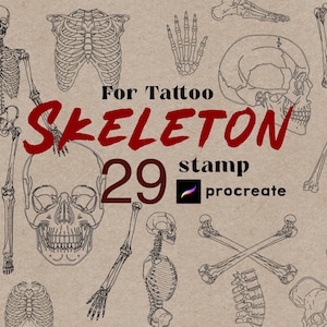 Sellos de tatuajes de esqueletos de Procreate: pinceles para tatuajes de huesos de calavera, diseños de brujas góticas