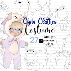 Tampon pour vêtements Procreate Chibi 27 Costume Chibi Kawaii Animal mignon en tissu Design de mode Personnage au pinceau Procreate Cartoon Kawaii Ours à fourrure