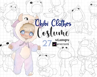 Procreate Chibi Clothes Stamps : Kawaii Outfit Animal Costume Cartoon Furry Bear Chibis Brushes