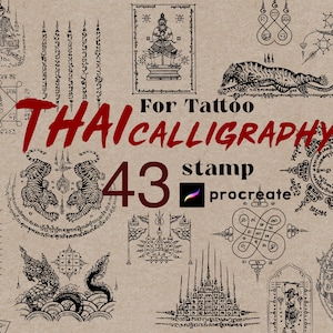 Könnte beinhalten: Ein Set mit 43 schwarzen und weißen thailändischen Kalligrafie-Stempeln zur Verwendung mit der Procreate-App. Die Stempel zeigen traditionelle thailändische Designs, darunter Tiere, Symbole und Text. Der Text auf dem Bild lautet "For Tattoo Thai Calligraphy 43 stamp Procreate".