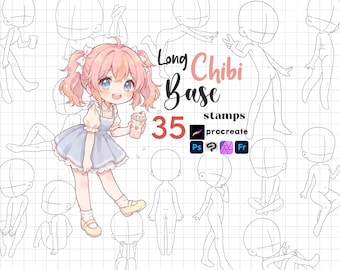 Procreate Chibi Pose Stamps: 35 Kawaii Body Base Guides Photoshop ClipStudio Krita Brushes