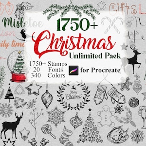 Procreate Christmas Stamps 1750 Procreate Xmas Theme Brushes Procreate Noel Santa Stamps Snow Wreath Ornament Procreate Font New Year Eve