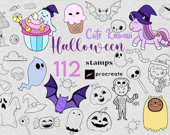Sellos Kawaii de Halloween de Procreate: Pinceles para colorear de fantasmas, brujas, góticas, místicas y chibi para niños.