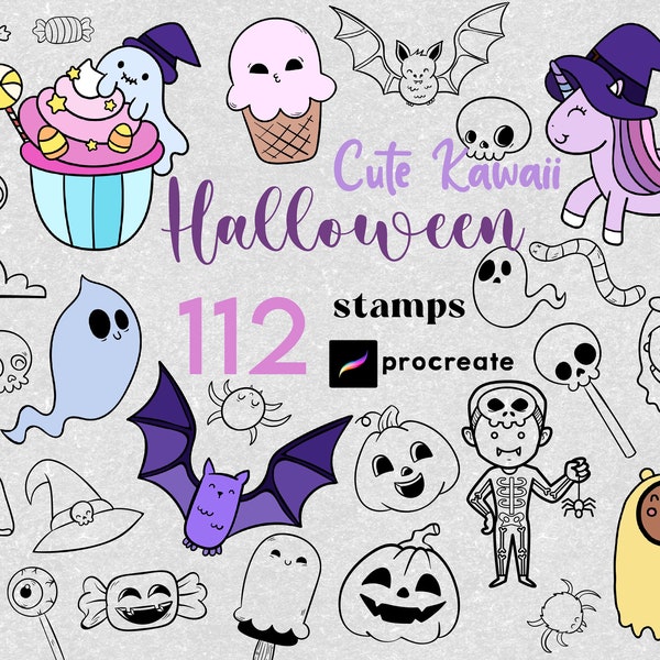 Procreate - 112 Halloween Kawaii Stamps Cute Witch Mystic Brush Tattoo Ghost Pumpkin Horror Chibi Anime Doodle Art Digital Manga Coloring