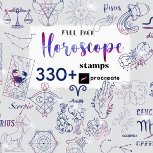 Procreate Zodiac Horoscope Stamps : Astrology Themed Celestial Signs Constellation Wheel Tattoo Brushes