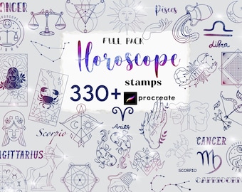 May include: A digital illustration of a full pack of 330+ Procreate stamps featuring zodiac signs and symbols. The image includes a variety of astrological symbols, including the sun, moon, stars, and constellations. The text "Full Pack Horoscope Stamps" is written in a purple and blue gradient.