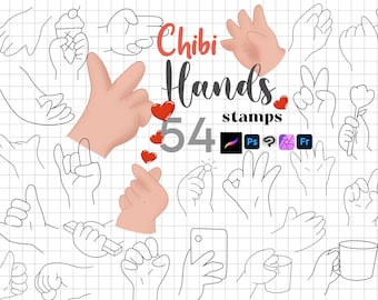 Carimbo de Mãos Chibi para Procreate: Pose de Mão de Desenho Animado para Crianças - Pincéis ClipStudio para Photoshop