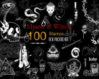 Procreate Mystic Witch Stamps : Gothic Tattoo Brushes Horror Celestial Dark Soul Traditional