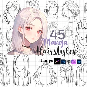 Puede incluir: Ilustración digital que presenta un retrato de estilo manga con ojos rosas y cabello blanco, rodeado de 45 dibujos lineales de varios peinados. El texto "45 Manga Hairstyles" se muestra.