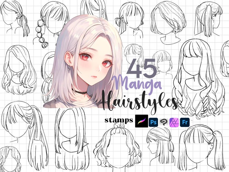 K&ouml;nnte beinhalten: Digitales Kunstwerk mit einem Manga-Portr&auml;t mit rosa Augen und wei&szlig;em Haar, umgeben von 45 Strichzeichnungen verschiedener Frisuren. Der Text "45 Manga Hairstyles" ist prominent dargestellt.