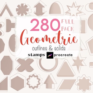 Può includere: Una collezione di 280 timbri di contorni e solidi geometrici per Procreate. Le forme includono triangoli, cerchi, stelle e altro, in una palette di colori neutri con un contorno bianco.