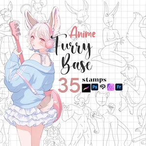 May include: An illustration featuring an anime-style character with furry features, holding a pink guitar. The image includes the text "Anime Furry Base" and "35 stamps", along with software icons. Outlines of various furry characters are also present.