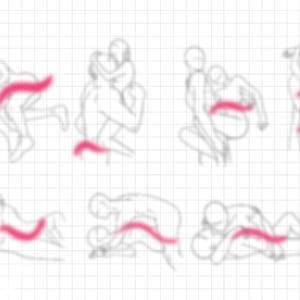 Pu&ograve; includere: Una serie di otto disegni a tratto sfocati che raffigurano varie posizioni sessuali. Ogni schizzo presenta due figure in pose diverse, con un evidenziatore rosa che indica un'area specifica del corpo. Lo sfondo &egrave; una griglia.