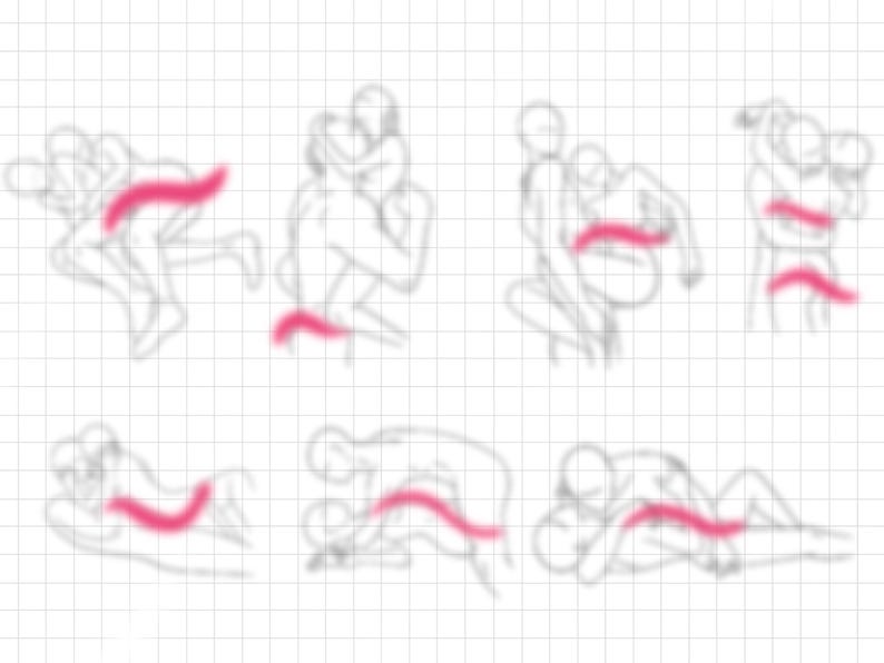 Pu&ograve; includere: Una serie di otto disegni a tratto sfocati che raffigurano varie posizioni sessuali. Ogni schizzo presenta due figure in pose diverse, con un evidenziatore rosa che indica un'area specifica del corpo. Lo sfondo &egrave; una griglia.
