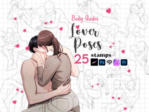 Procreate Couple Stamps : Anime Kissing Pose Cuddle Manga Body Guides ClipStudio Fresco Photoshop Brushes