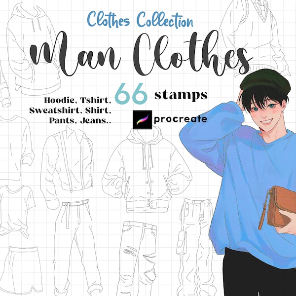 Procreate Vêtements Timbres Brosses 66 Homme Anime Vêtements Procréer Robe Mode Sweat à capuche Jeans Garçon Tissu Guide Manga Personnage Design de mode
