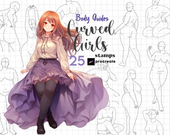 Procréer Curved Girl Body Stamp Brush 25 Anime Girl Poses Plus Size Women Anatomy Goddess Procreate Body Guides Anime Body Manga Character
