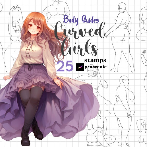 Procreate Curved Girl Body Stamp Brush 25 Anime Girl Poses Plus Size Women Anatomy Goddess Procreate Body Guides Anime Body Manga Character