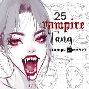 May include: A digital illustration of a vampire with fangs and red eyes. The image includes 25 different vampire fang shapes for use as digital stamps in the Procreate app. The text "25 vampire Fang stamps Procreate" is included in the image.