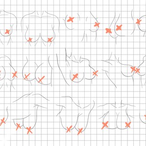May include: A black and white line drawing of various female body shapes with red X marks over the breasts and buttocks.