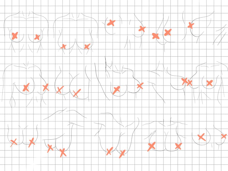 May include: A black and white line drawing of various female body shapes with red X marks over the breasts and buttocks.