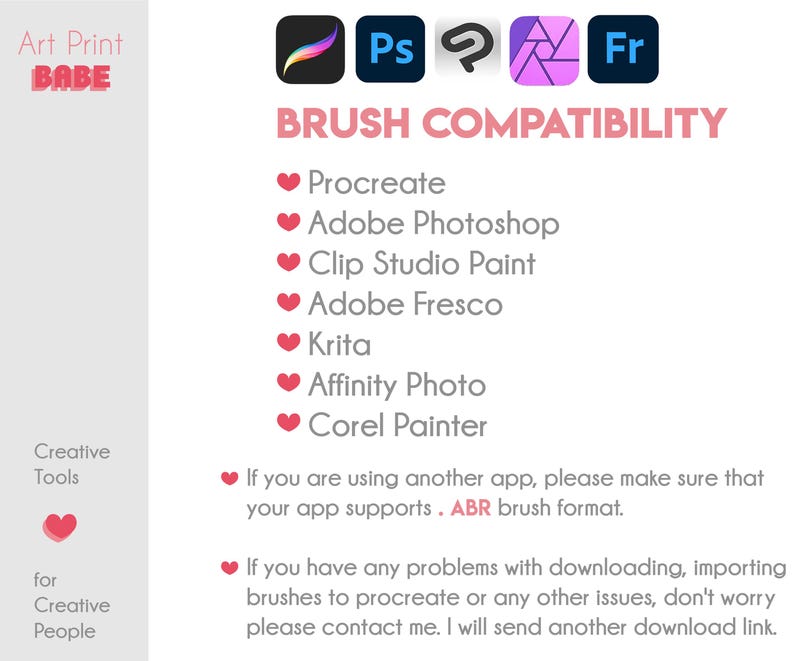 K&ouml;nnte beinhalten: Eine wei&szlig;e Grafik mit rosa Text "Art Print BABE" und "BRUSH COMPATIBILITY". Die Grafik listet kompatible Software wie Procreate, Adobe Photoshop und Clip Studio Paint auf. Der Text enth&auml;lt auch Anweisungen zur Verwendung.