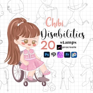 May include: A set of 20 digital stamps featuring chibi characters with various disabilities. The stamps are designed for use in Procreate, Photoshop, Clip Studio Paint, Affinity Designer, and Illustrator. The stamps include characters using wheelchairs, crutches, walkers, and other assistive devices.